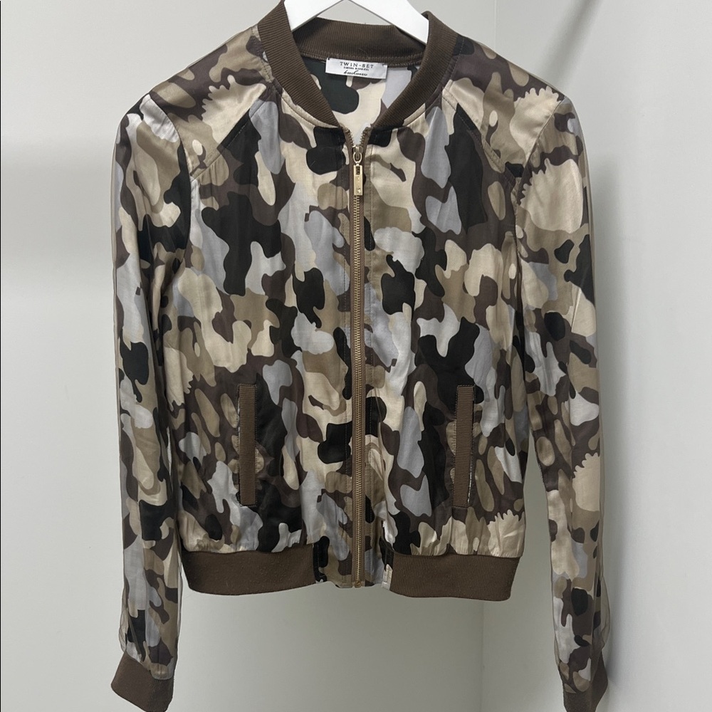 Twin-Set Brown Silk and Mesh Bomber Jacket